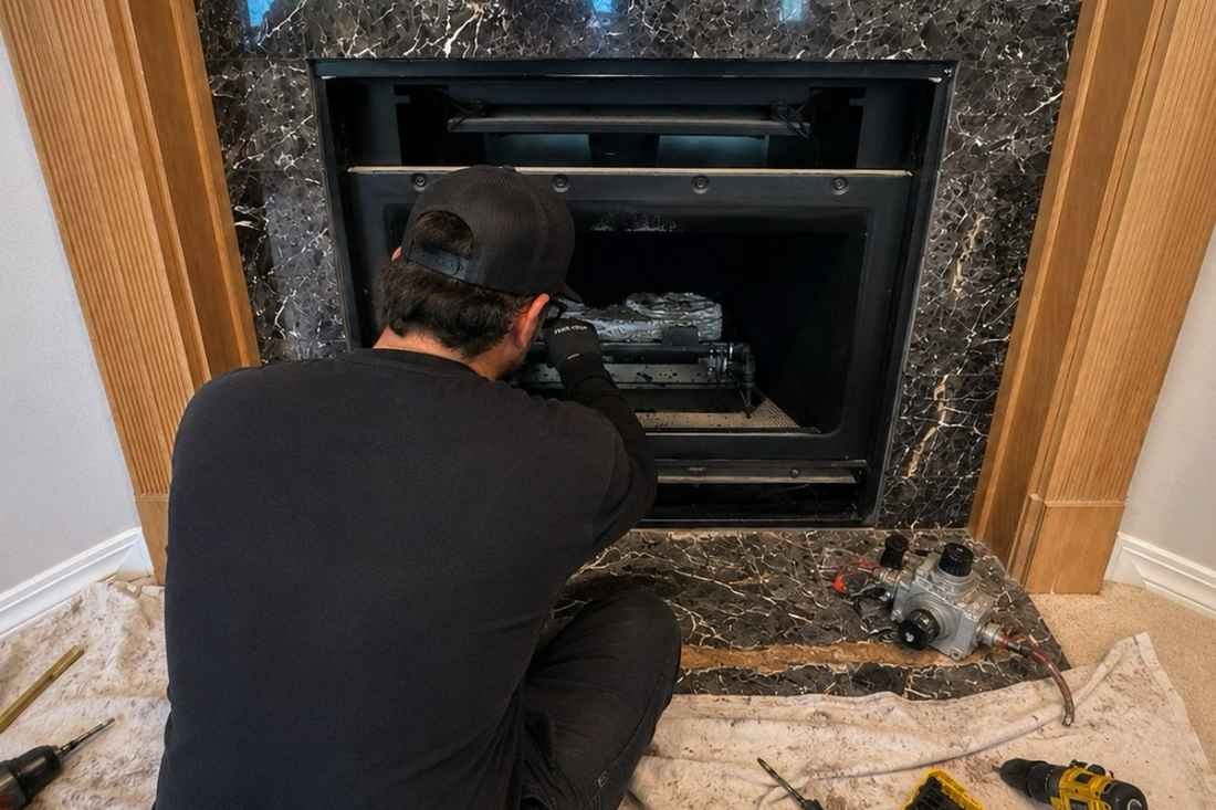 Chimney Knight technician performing a complete gas fireplace repair